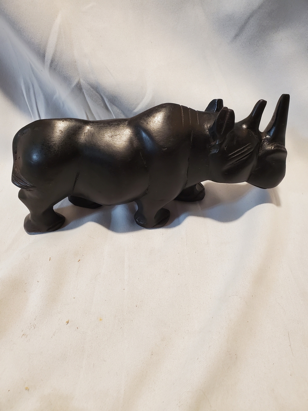 Hand-Carved African Rhino Figurine – Heavy Dark Hardwood Folk Art